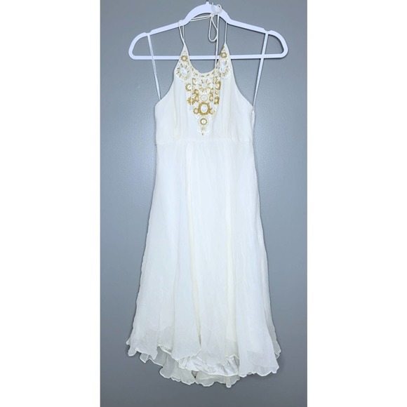 Milly Cream Gold Self-Tie Halter Neck Sleeveless 100% Silk Dress Sz 4 - Picture 1 of 4